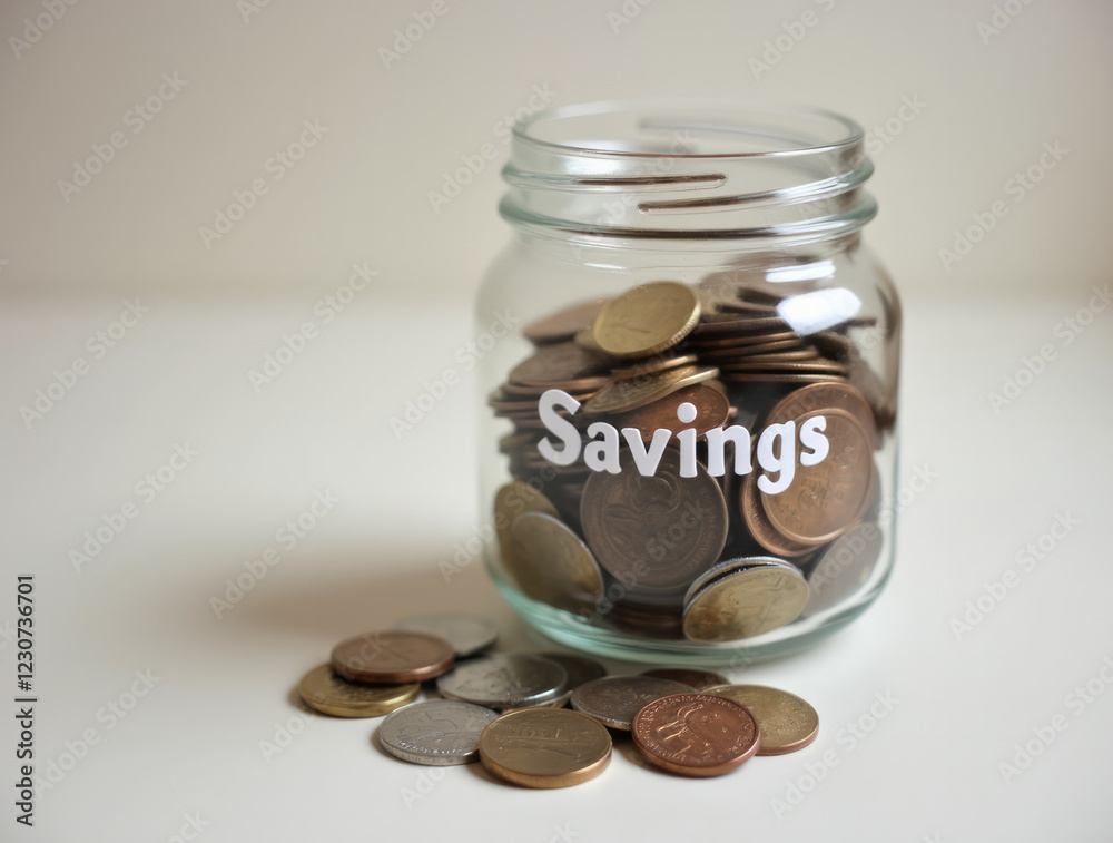 Savings – A Jar Filled with Coins and a Label Showing the Importance of Saving Money Savings – A Jar Filled with Coins and a Label Showing the Importance of Saving Money