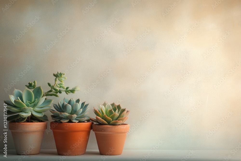 Three succulent plants in terracotta pots against a textured wall. Three succulent plants in terracotta pots against a textured wall.