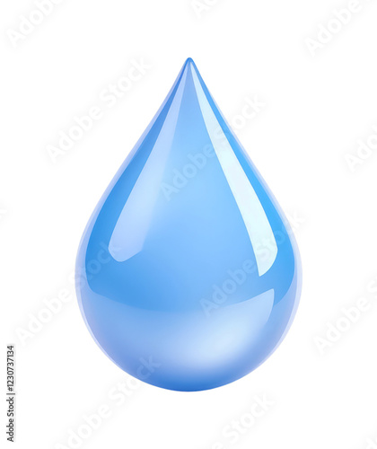 A highly detailed and glossy blue water droplet with realistic reflections and shading, isolated on transparent and white background