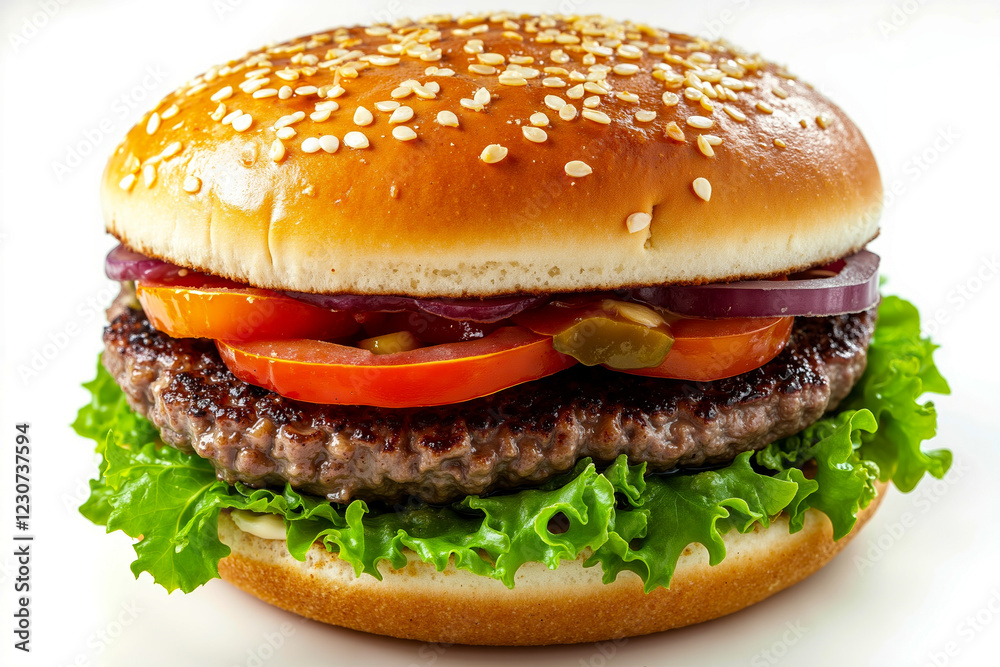A hamburger with lettuce, tomato, onion, and pickles on a sesame bun A hamburger with lettuce, tomato, onion, and pickles on a sesame bun