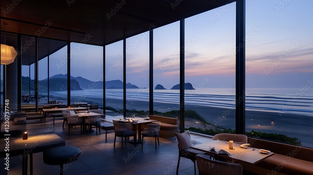 Fototapeta premium 夕暮れのビーチサイドレストランとロマンチックな海の風景