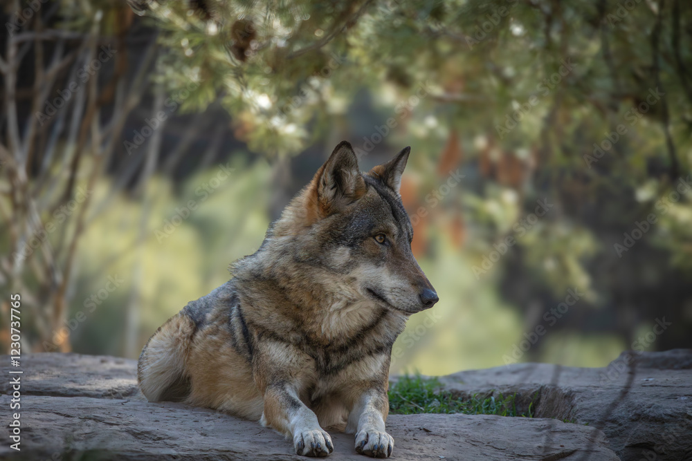 Obraz premium magnifique loup couché sur un rocher