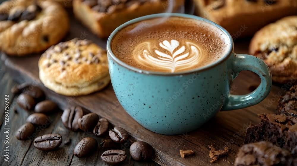 Latte art coffee with cookies and beans on rustic wood table Latte art coffee with cookies and beans on rustic wood table