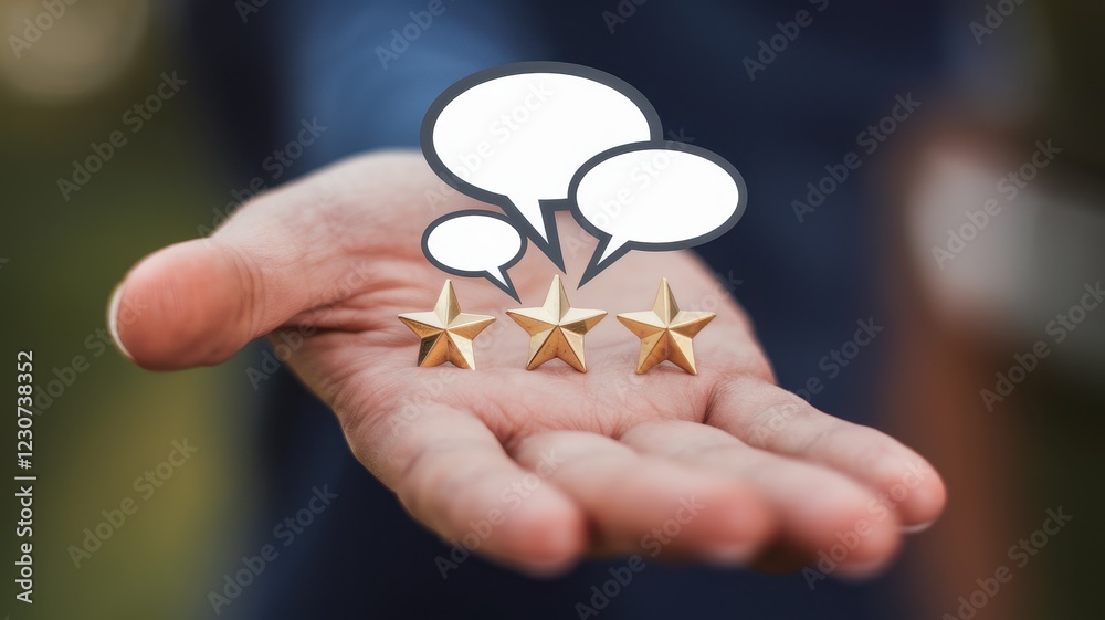 Three Gold Stars and Speech Bubbles on an Open Palm: Feedback, Reviews, and Customer Satisfaction Concept Three Gold Stars and Speech Bubbles on an Open Palm: Feedback, Reviews, and Customer Satisfaction Concept