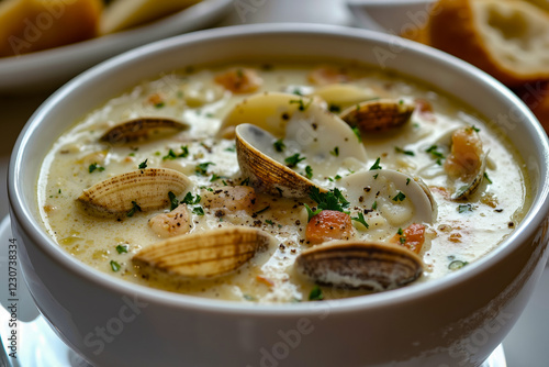 A bowl of clam chowder with bread on a plate photo