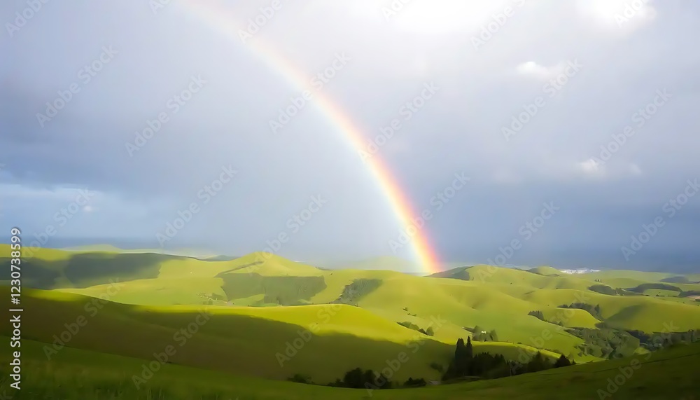 Rainbow Arcing Over Rolling Green Hills Landscape Rainbow Arcing Over Rolling Green Hills Landscape