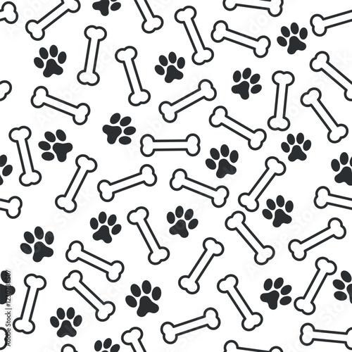Black and White Dog Bones and Paws Pattern - Messy Bones and Footprints on White Background. Seamless Link.