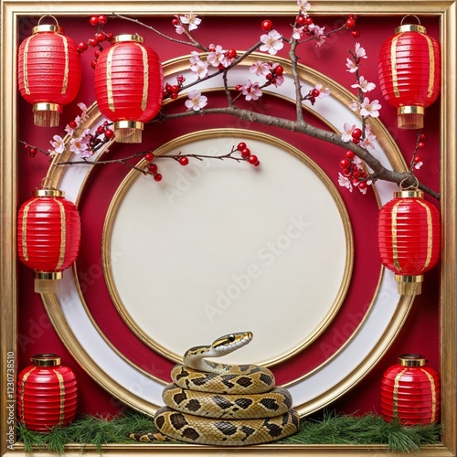 Circular Frame With Red Lanterns and Cherry Branches With Snake