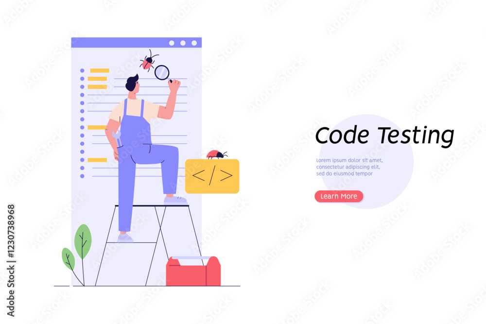Software testing illustration. Coders working with code testing and debugging, searching bugs. Concept of software testing, bug report, quality assurance, fixing program code. Vector flat design Software testing illustration. Coders working with code testing and debugging, searching bugs. Concept of software testing, bug report, quality assurance, fixing program code. Vector flat design