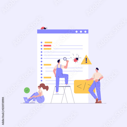 Software testing illustration. Coders working with code testing and debugging, searching bugs. Concept of software testing, bug report, quality assurance, fixing program code. Vector flat design