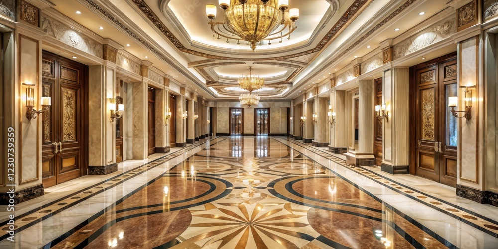 Fototapeta premium Muted light pours into a grand hallway with marble floors, illuminating intricate patterns on the walls and ceiling , opulent atmosphere, high-end decor