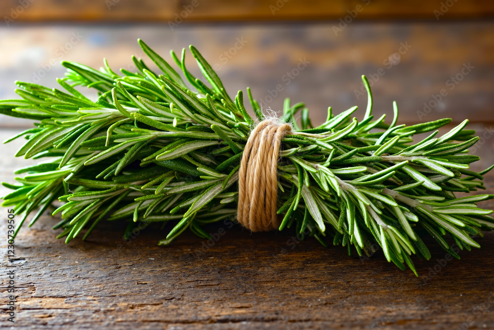 A bunch of fresh rosemary on a wooden table A bunch of fresh rosemary on a wooden table