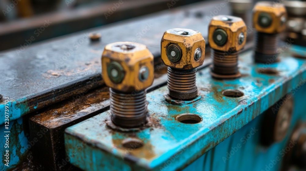 Close-Up of Rusty Bolts and Nuts on Blue Metal Machinery Close-Up of Rusty Bolts and Nuts on Blue Metal Machinery