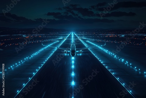 Airplane on illuminated runway at night with bright navigation lights guiding the way. Generative AI