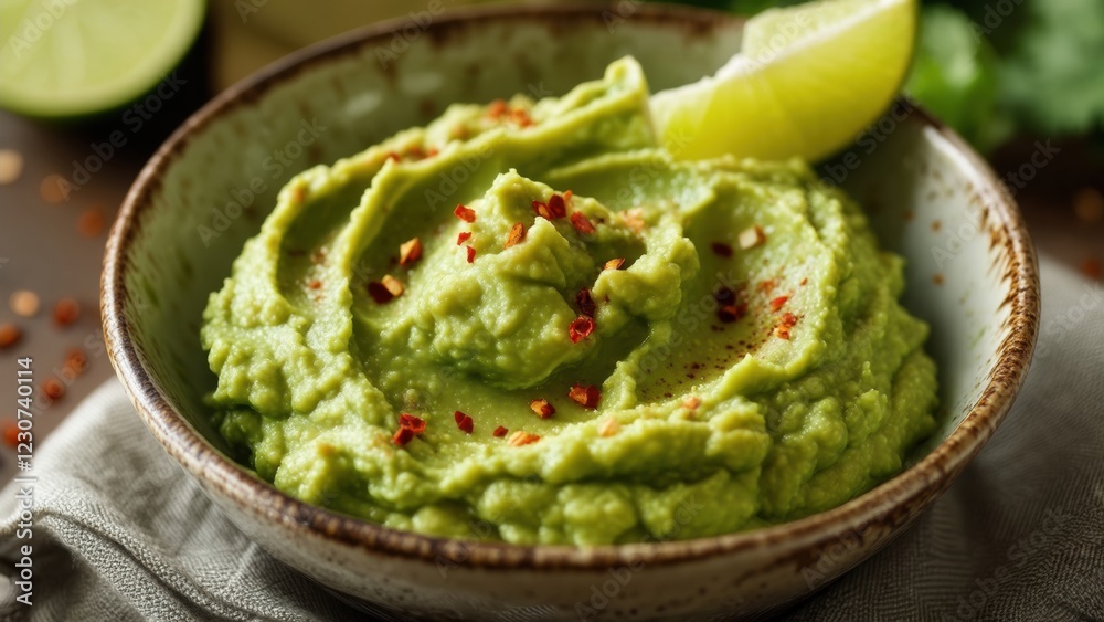 Fresh avocado guacamole with chili flakes and lime on a rustic table setting