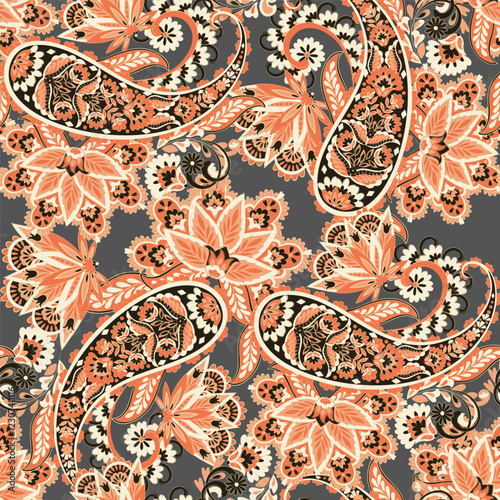 Digital vector textile print. Seamless Design suitable for covers, fabrics, textiles, wrapping paper, featuring an antique Thai pattern Paisley Indian motifs and decorative floral elements