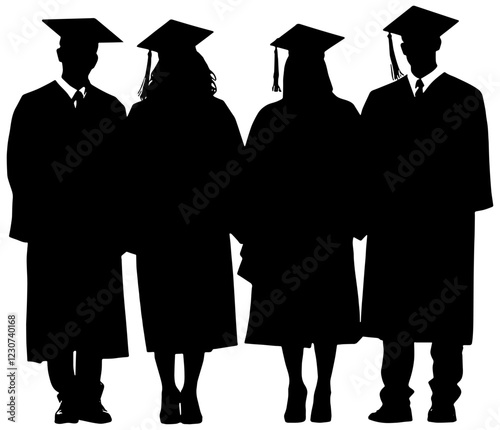 Silhouette of a group of graduates in caps and gowns, isolated 