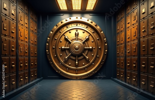 Large golden vault door stands in dark room. Safe deposit boxes lined up on walls. Inside vault storage places for money, gold. Room spacious, secure. Secure space safeguards valuable assets.
