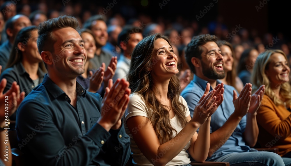 Happy audience applauds enthusiastically at performance seminar. Adults enjoy live show presentation. People sit in seats, hands clapping. Joyful expressions on faces. Indoor setting. Looks like Happy audience applauds enthusiastically at performance seminar. Adults enjoy live show presentation. People sit in seats, hands clapping. Joyful expressions on faces. Indoor setting. Looks like
