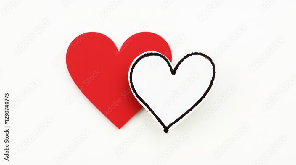 Two Overlapping Hearts of the Same Size, One Red and One White, Outlined in Black, Creating a Symmetrical Contrast Two Overlapping Hearts of the Same Size, One Red and One White, Outlined in Black, Creating a Symmetrical Contrast