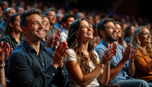 Happy audience applauds enthusiastically at performance seminar. Adults enjoy live show presentation. People sit in seats, hands clapping. Joyful expressions on faces. Indoor setting. Looks like