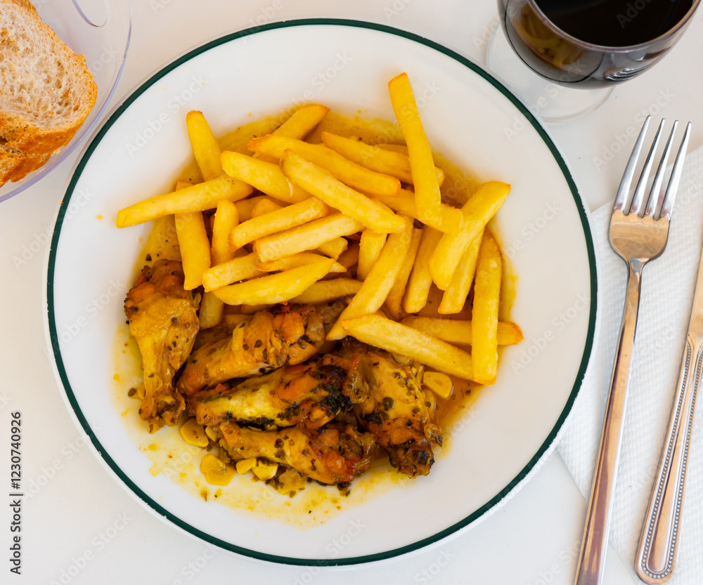 Spicy garlic chicken wings with vegetable sauce and french fries Spicy garlic chicken wings with vegetable sauce and french fries