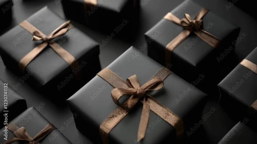 Elegant gift boxes with brown ribbons rotating in seamless patterns Elegant gift boxes with brown ribbons rotating in seamless patterns