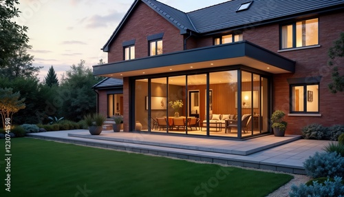 Modern sunroom extension extends into garden with paved patio. Home features large windows allow natural light. Cozy atmosphere in room. Exterior view of beautiful house with landscaped garden.