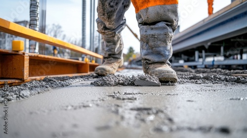 A detailed view of an engineer inspecting concrete quality on a bridge construction site, Concrete inspection scene, Quality assurance style photo