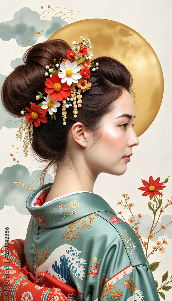 Elegant woman in kimono with floral hairpins, serene beauty Elegant woman in kimono with floral hairpins, serene beauty
