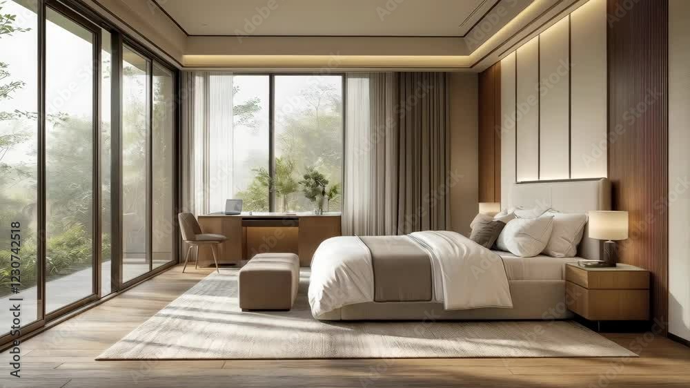 Serene bedroom with large windows overlooking lush forest landscape Serene bedroom with large windows overlooking lush forest landscape