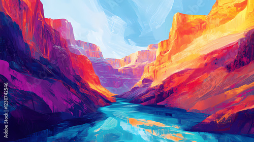 Wallpaper Mural An abstract painting of a canyon with vibrant colors and a blue river at the bottom. Dream Canyon. Illustration Torontodigital.ca