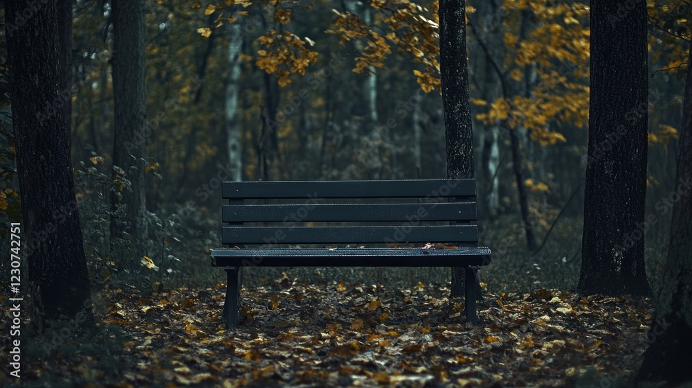 Solitude in Autumnal Woods: A Darkly Serene Park Bench Solitude in Autumnal Woods: A Darkly Serene Park Bench