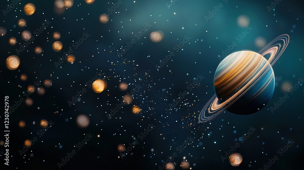 Naklejka premium An artist's depiction of a solar system featuring a foreground planet and a backdrop of stars