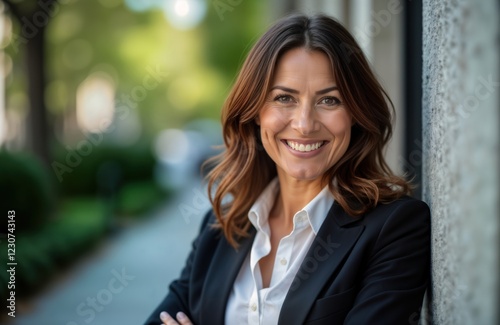 Confident businesswoman stands smiling in city setting. Pro, approachable woman in business attire. Outdoor headshot. Successful realtor, luxury real estate agent. Modern, stylish. Executive manager
