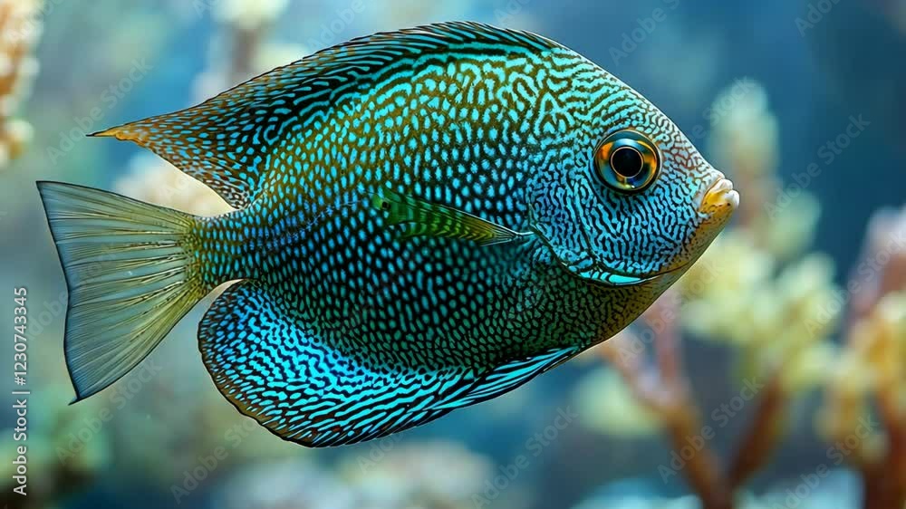 Colorful blue fish swimming through coral reef in tropical waters during daytime