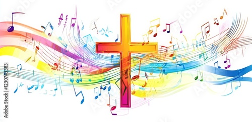 Dynamic and colorful cross and music staff design in a modern style template, suitable for gospel church music concerts, choir performances, Christian themes, and prayer ceremonies.