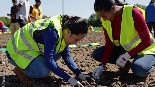 Community Volunteers Planting Seeds in Community Garden Footage