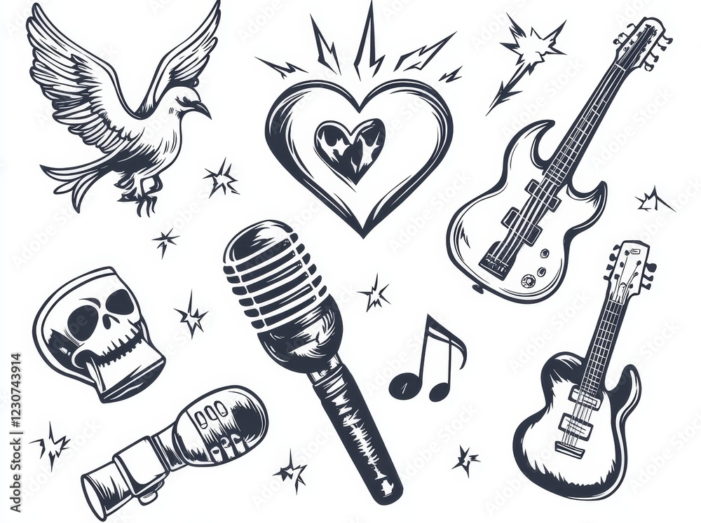 The Rock and Roll line icon set encompasses a rocker, leather boy, concert, song, musician, heart, guitar, and additional icons. The Rock and Roll line icon set encompasses a rocker, leather boy, concert, song, musician, heart, guitar, and additional icons.