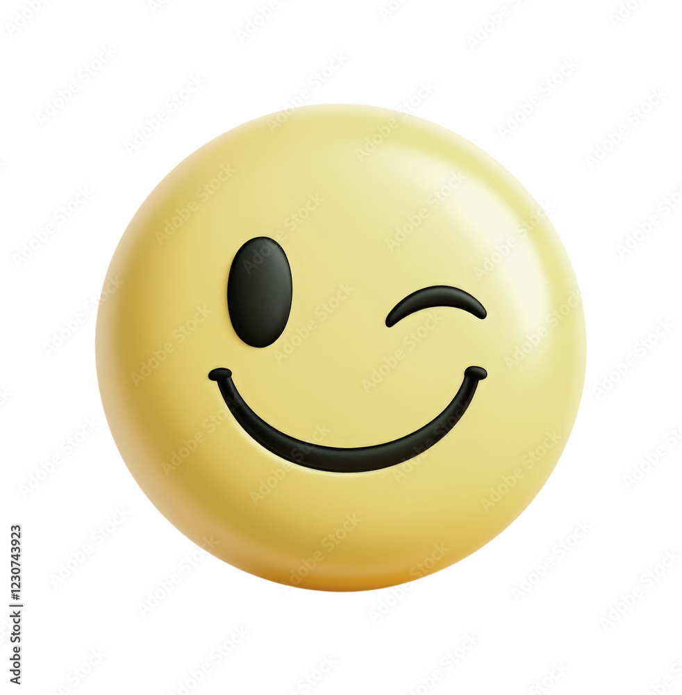 A bright yellow 3D winking smiley face emoji with a cheerful expression, isolated on transparent and white background A bright yellow 3D winking smiley face emoji with a cheerful expression, isolated on transparent and white background