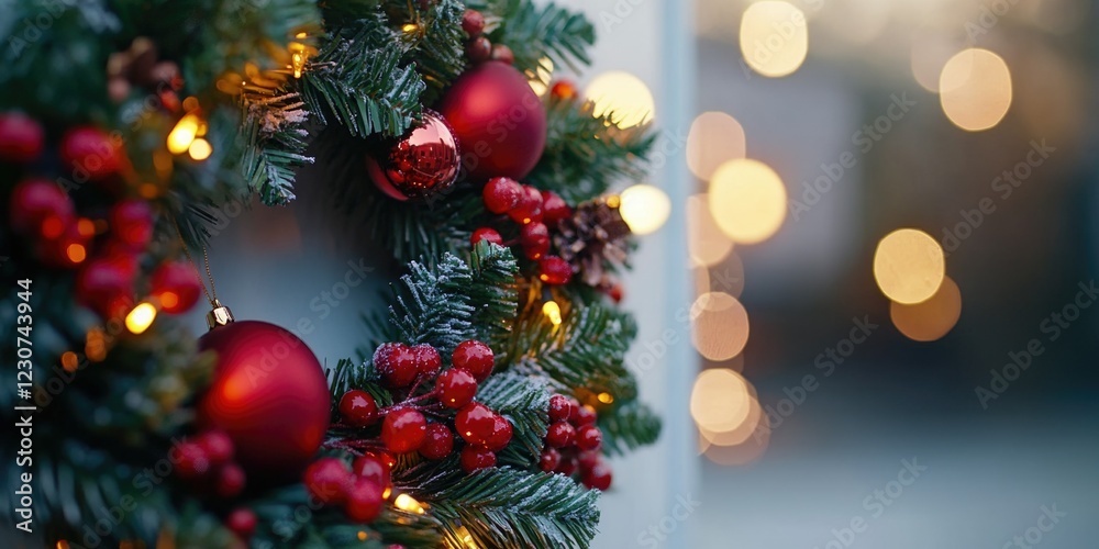 Fototapeta premium Seasonal Holiday Wreath with Red Berries