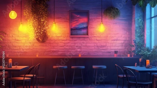 Cozy evening ambiance in a modern caf? with warm lighting and greenery