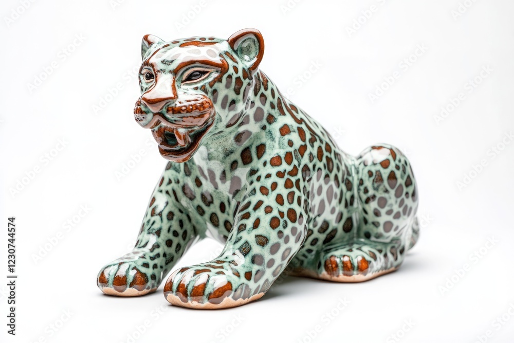 Fototapeta premium A handcrafted ceramic jaguar figurine, detailed with teal and brown spots, rests in a relaxed pose.