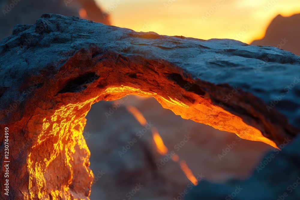 Fototapeta premium Sunset illuminates a natural rock arch, creating a fiery glow within its stone embrace.