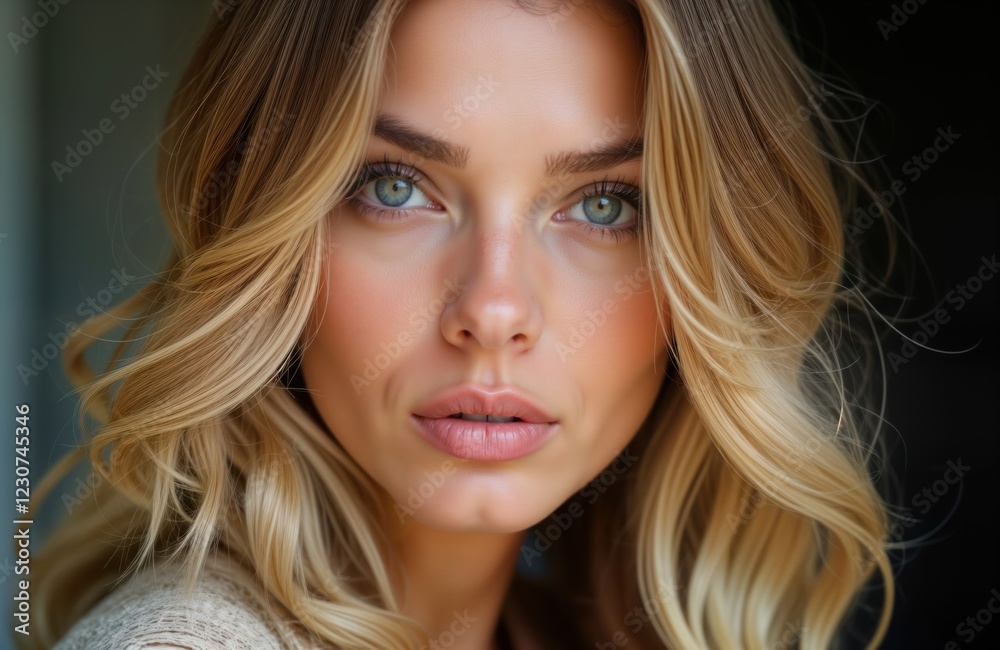 Closeup view of beautiful woman with gorgeous golden blonde hair. Textured waves, natural makeup enhance features. Lady captivating gaze, radiant skin. Attractive woman with bright eyes, soft Closeup view of beautiful woman with gorgeous golden blonde hair. Textured waves, natural makeup enhance features. Lady captivating gaze, radiant skin. Attractive woman with bright eyes, soft