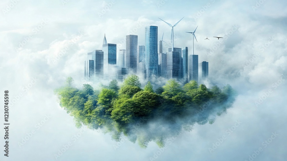 Fototapeta premium Futuristic Eco City Floating on Clouds Island