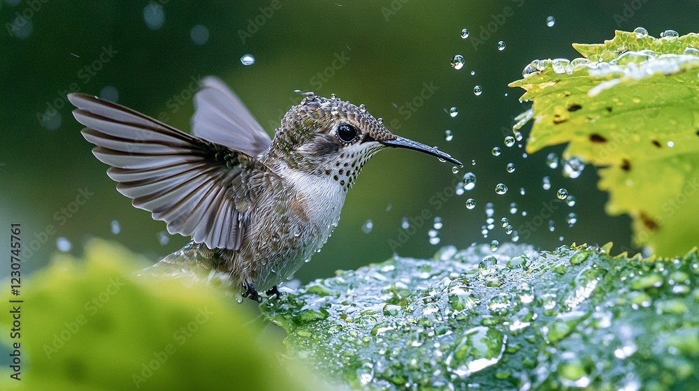 Fototapeta premium A hummingbird showering with water on a green plant, drops on wings