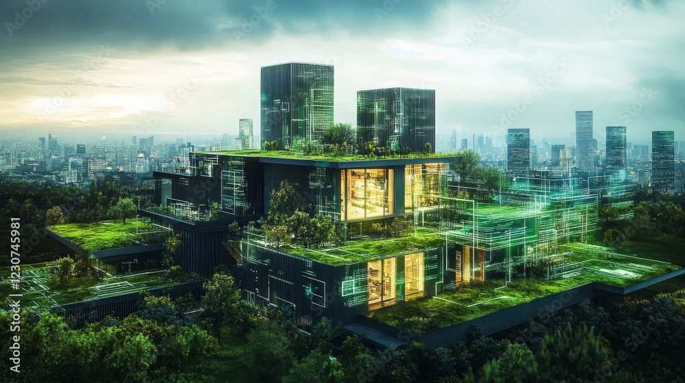 Obraz premium Futuristic Green City Rooftop Building at Night