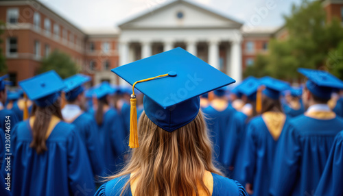 Group of high school graduates in blue gowns, graduation caps. Students stand in row at graduation ceremony. Image captures moment of achievement, unity. Diversity symbolized by mixture of blond, photo