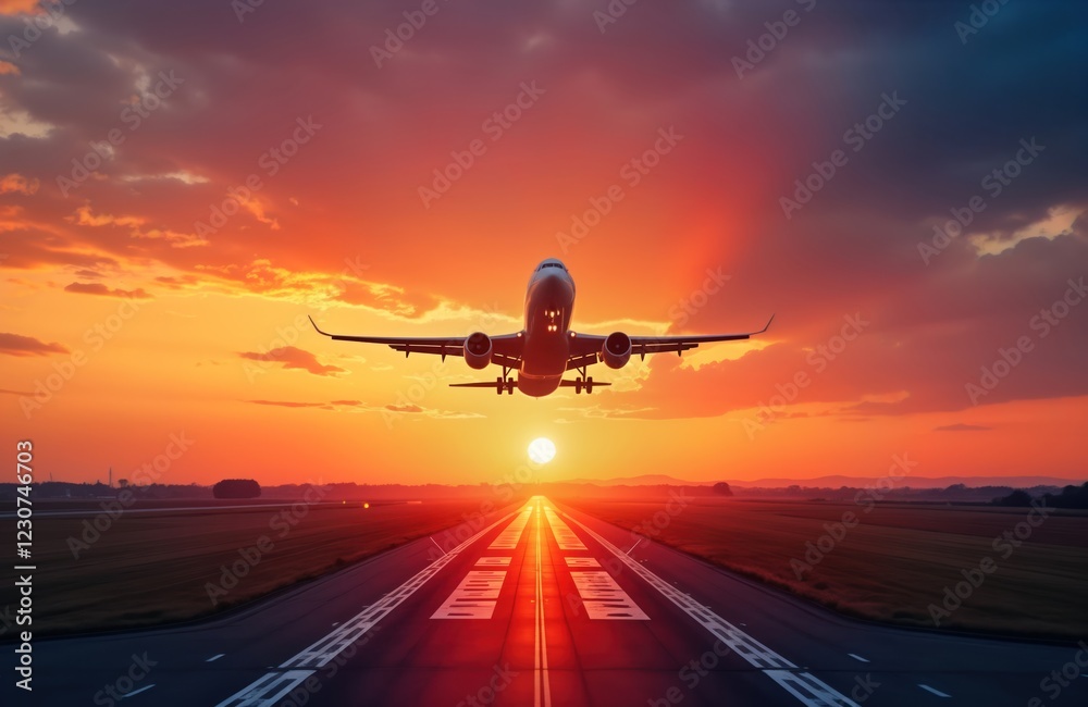 Naklejka premium Airplane takes off at sunset over runway. Scenic aerial view of aircraft departing. Stunning colors of sky and clouds. Peaceful departure at dusk. Scenic view of landscape.
